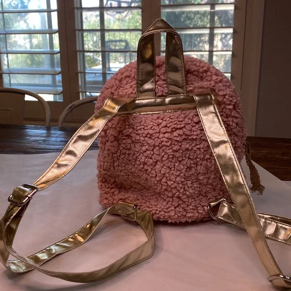 Fuzzy Pink Mini Small Backpack Purse Handbag with Gold Straps - Picture 3 of 11